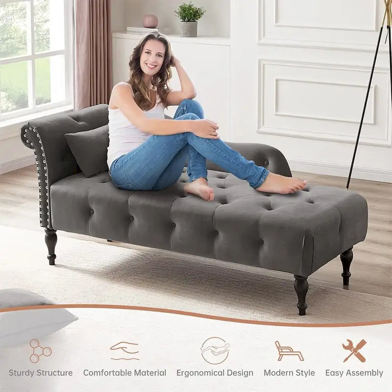Chaise longue capitonnée en velours bleu / rose / gris / bordeaux / blanc / orange avec oreiller – Individuelle