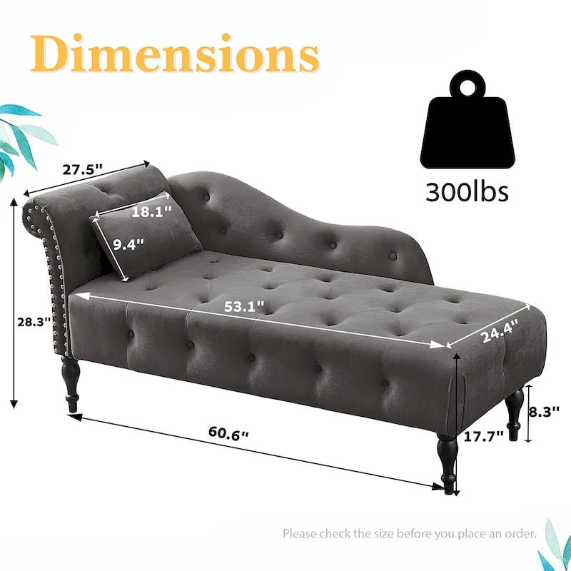 Chaise longue capitonnée en velours bleu / rose / gris / bordeaux / blanc / orange avec oreiller – Individuelle