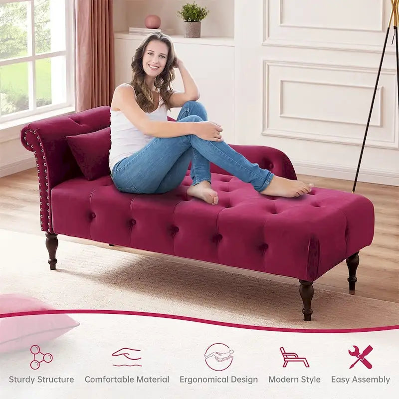 Chaise longue capitonnée en velours bleu / rose / gris / bordeaux / blanc / orange avec oreiller – Individuelle