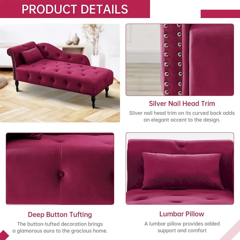 Chaise longue capitonnée en velours bleu / rose / gris / bordeaux / blanc / orange avec oreiller – Individuelle
