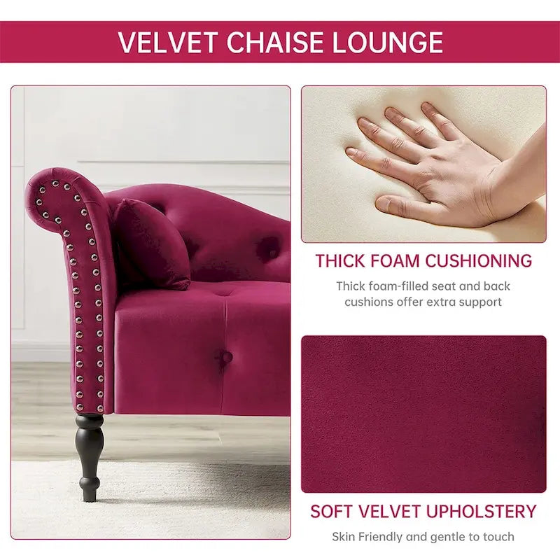 Chaise longue capitonnée en velours bleu / rose / gris / bordeaux / blanc / orange avec oreiller – Individuelle