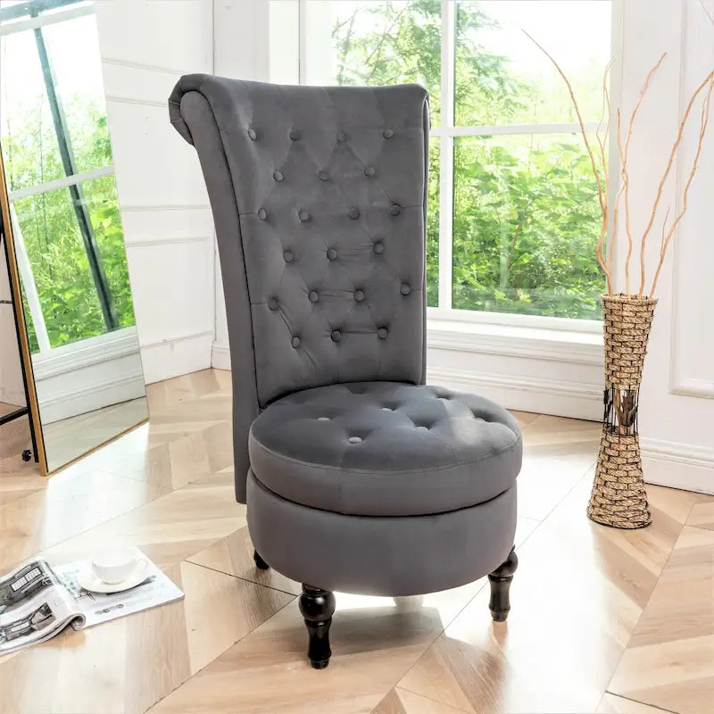 Fauteuil d'appoint capitonné à dossier haut en velours (vert bleuté / gris / bleu foncé / jaune moutarde / vert / ivoire / rose / rouge orangé / noir) – Simple