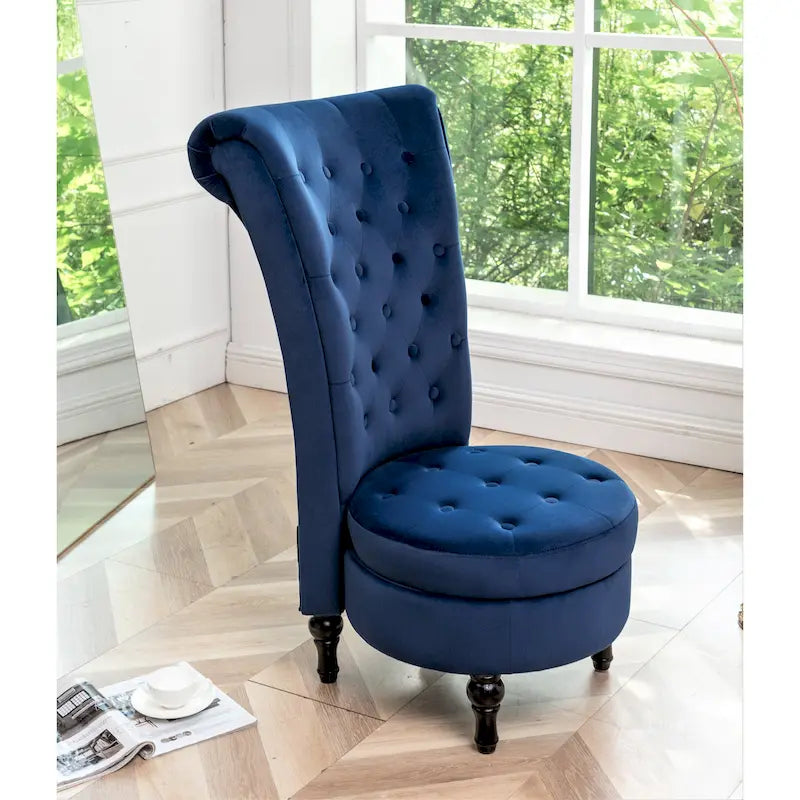 Fauteuil d'appoint capitonné à dossier haut en velours (vert bleuté / gris / bleu foncé / jaune moutarde / vert / ivoire / rose / rouge orangé / noir) – Simple