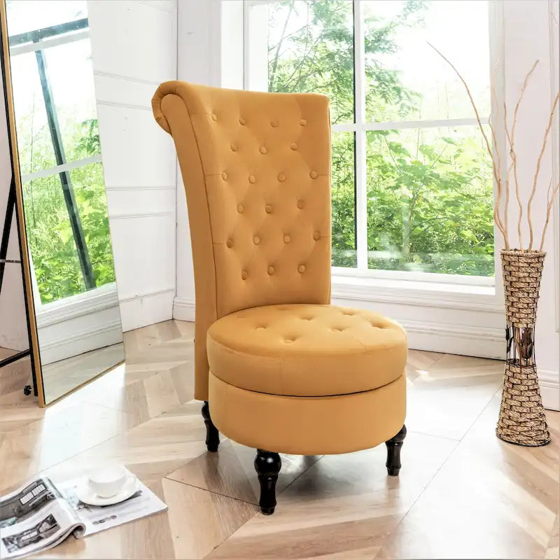 Fauteuil d'appoint capitonné à dossier haut en velours (vert bleuté / gris / bleu foncé / jaune moutarde / vert / ivoire / rose / rouge orangé / noir) – Simple
