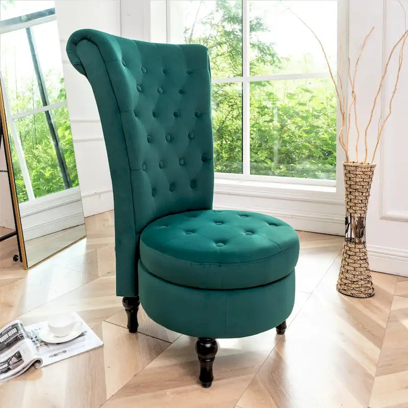 Fauteuil d'appoint capitonné à dossier haut en velours (vert bleuté / gris / bleu foncé / jaune moutarde / vert / ivoire / rose / rouge orangé / noir) – Simple