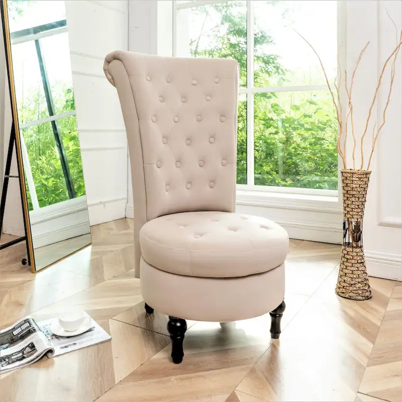 Fauteuil d'appoint capitonné à dossier haut en velours (vert bleuté / gris / bleu foncé / jaune moutarde / vert / ivoire / rose / rouge orangé / noir) – Simple