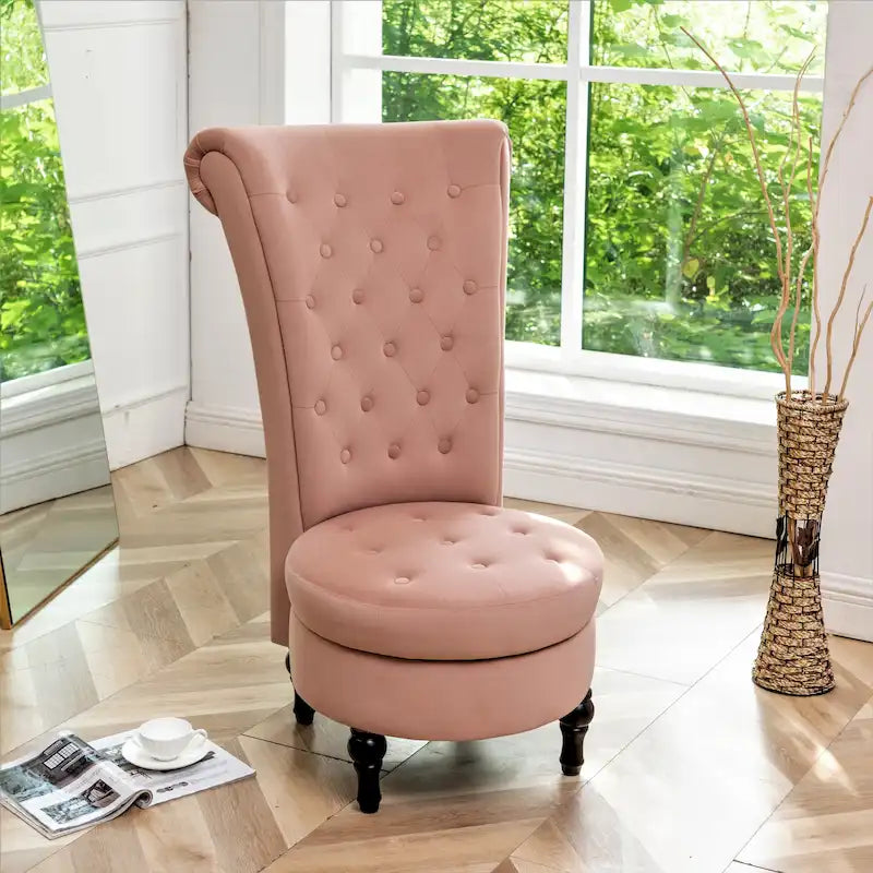 Fauteuil d'appoint capitonné à dossier haut en velours (vert bleuté / gris / bleu foncé / jaune moutarde / vert / ivoire / rose / rouge orangé / noir) – Simple