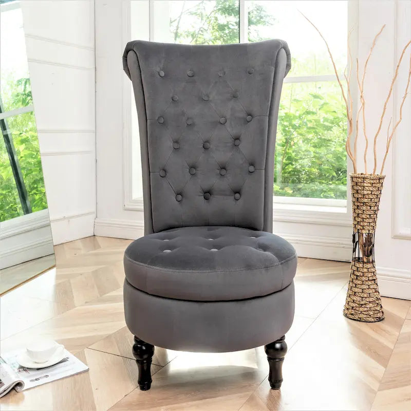Fauteuil d'appoint capitonné à dossier haut en velours (vert bleuté / gris / bleu foncé / jaune moutarde / vert / ivoire / rose / rouge orangé / noir) – Simple
