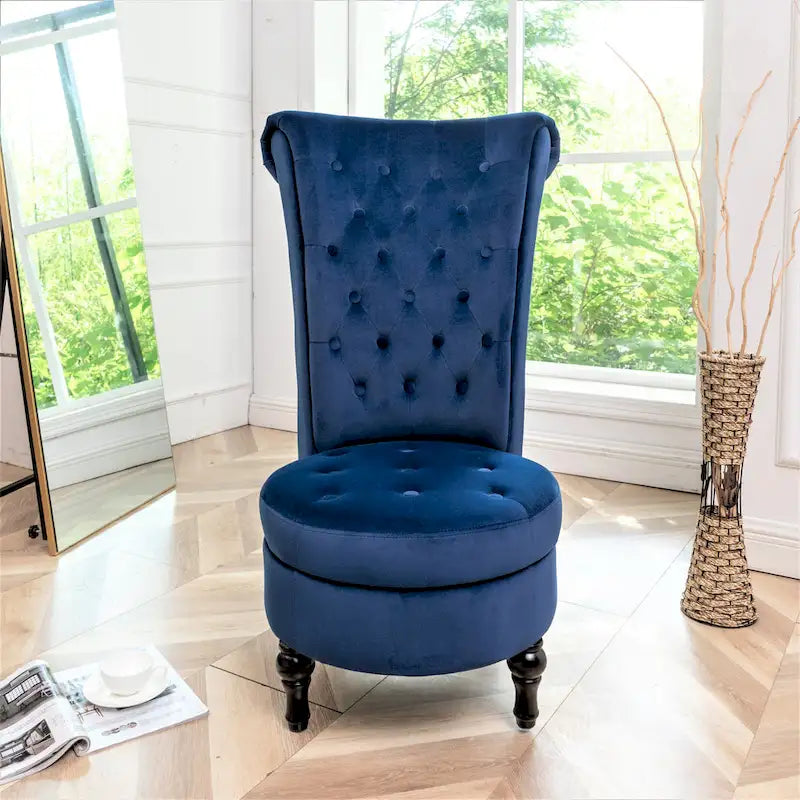 Fauteuil d'appoint capitonné à dossier haut en velours (vert bleuté / gris / bleu foncé / jaune moutarde / vert / ivoire / rose / rouge orangé / noir) – Simple
