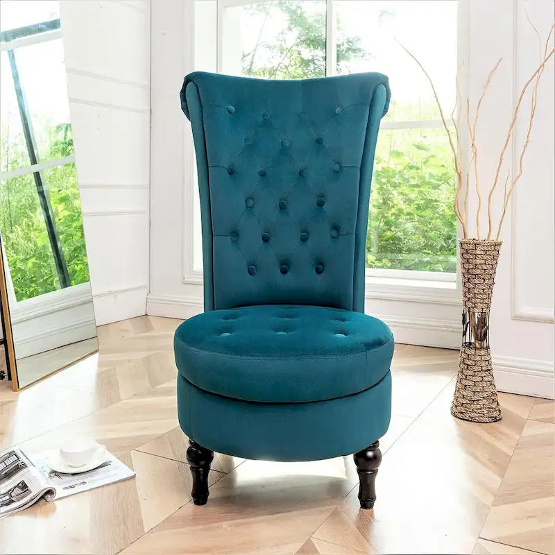 Fauteuil d'appoint capitonné à dossier haut en velours (vert bleuté / gris / bleu foncé / jaune moutarde / vert / ivoire / rose / rouge orangé / noir) – Simple