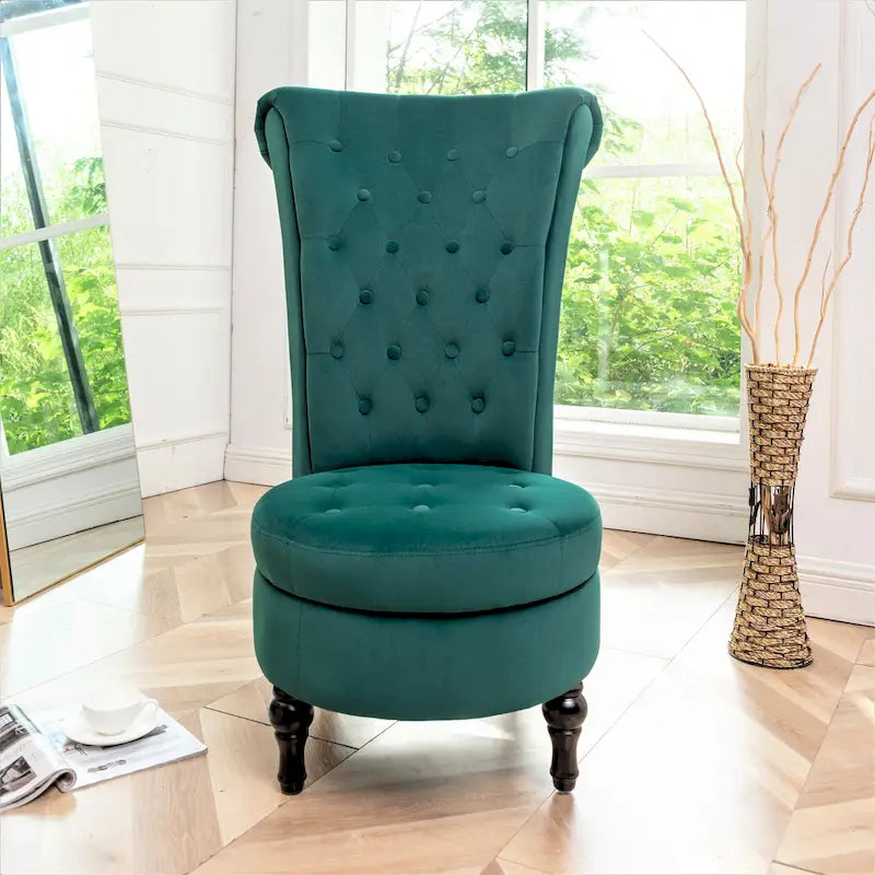 Fauteuil d'appoint capitonné à dossier haut en velours (vert bleuté / gris / bleu foncé / jaune moutarde / vert / ivoire / rose / rouge orangé / noir) – Simple