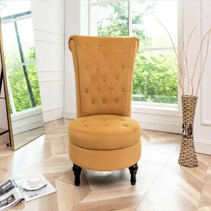 Fauteuil d'appoint capitonné à dossier haut en velours (vert bleuté / gris / bleu foncé / jaune moutarde / vert / ivoire / rose / rouge orangé / noir) – Simple
