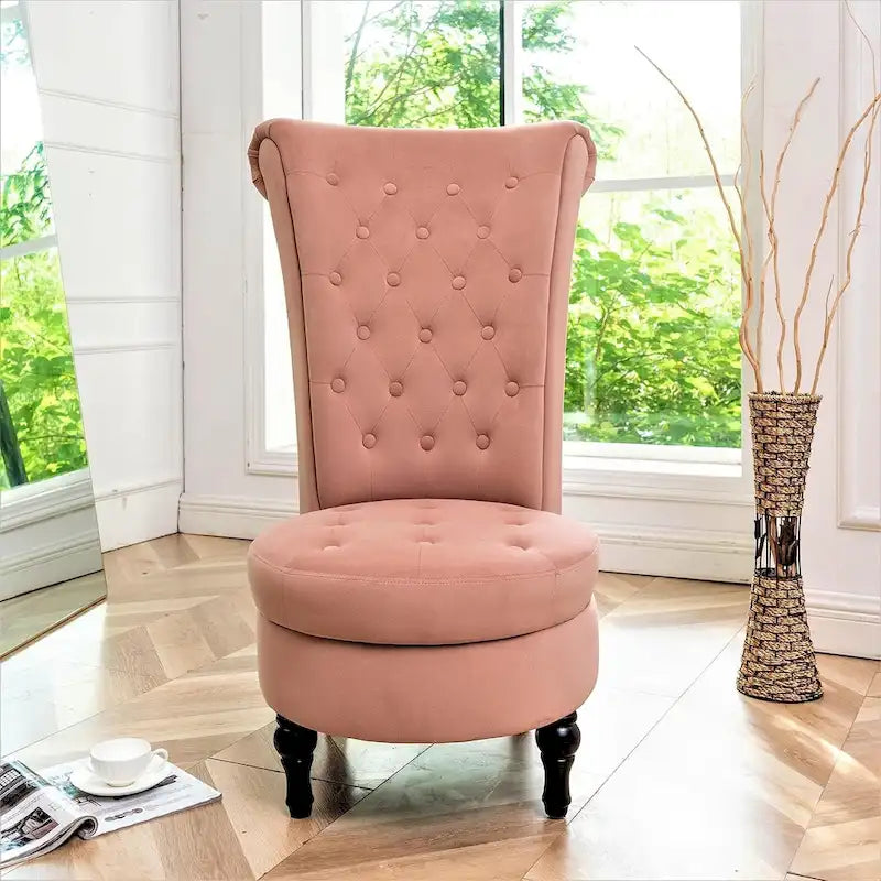 Fauteuil d'appoint capitonné à dossier haut en velours (vert bleuté / gris / bleu foncé / jaune moutarde / vert / ivoire / rose / rouge orangé / noir) – Simple