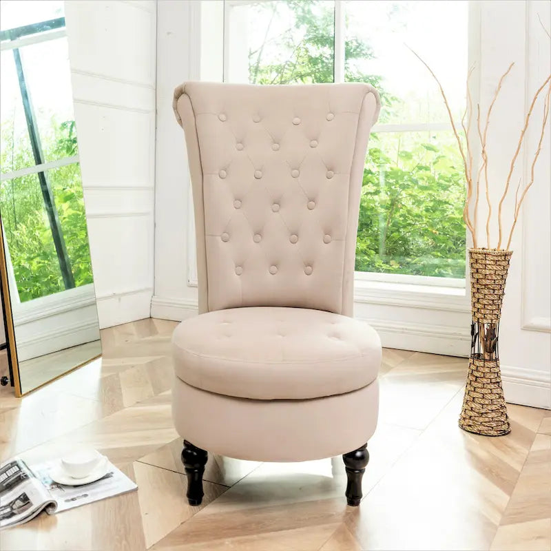 Fauteuil d'appoint capitonné à dossier haut en velours (vert bleuté / gris / bleu foncé / jaune moutarde / vert / ivoire / rose / rouge orangé / noir) – Simple