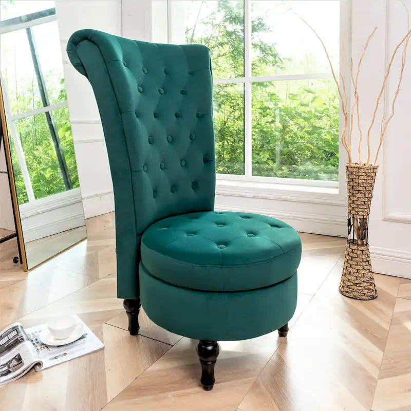 Fauteuil d'appoint capitonné à dossier haut en velours (vert bleuté / gris / bleu foncé / jaune moutarde / vert / ivoire / rose / rouge orangé / noir) – Simple