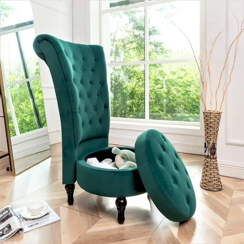 Fauteuil d'appoint capitonné à dossier haut en velours (vert bleuté / gris / bleu foncé / jaune moutarde / vert / ivoire / rose / rouge orangé / noir) – Simple