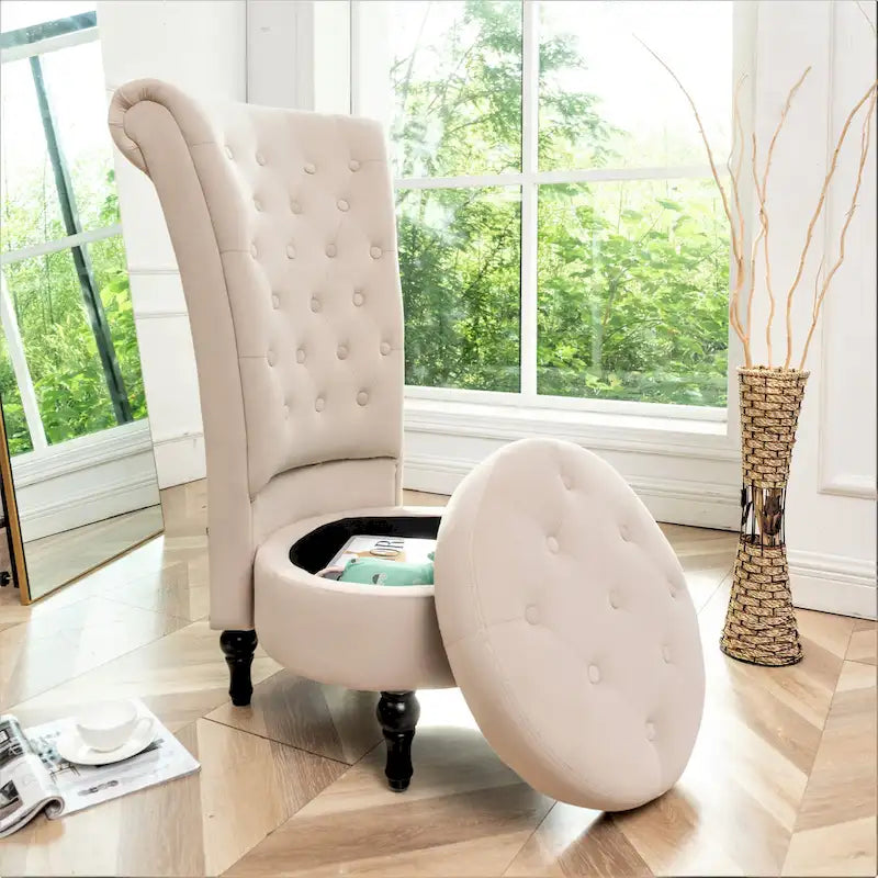 Fauteuil d'appoint capitonné à dossier haut en velours (vert bleuté / gris / bleu foncé / jaune moutarde / vert / ivoire / rose / rouge orangé / noir) – Simple