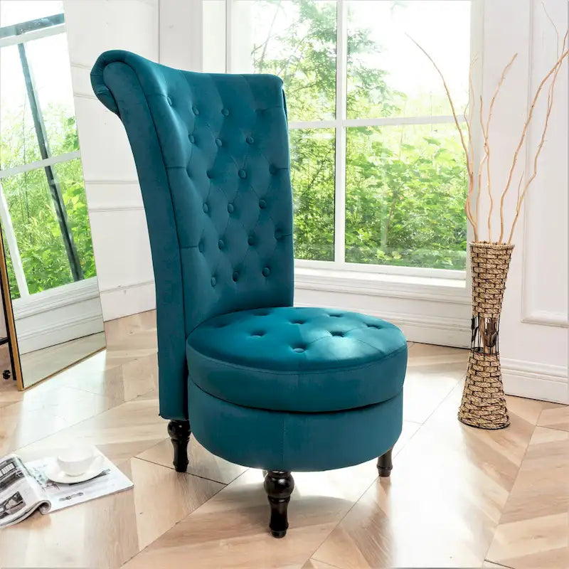 Fauteuil d'appoint capitonné à dossier haut en velours (vert bleuté / gris / bleu foncé / jaune moutarde / vert / ivoire / rose / rouge orangé / noir) – Simple