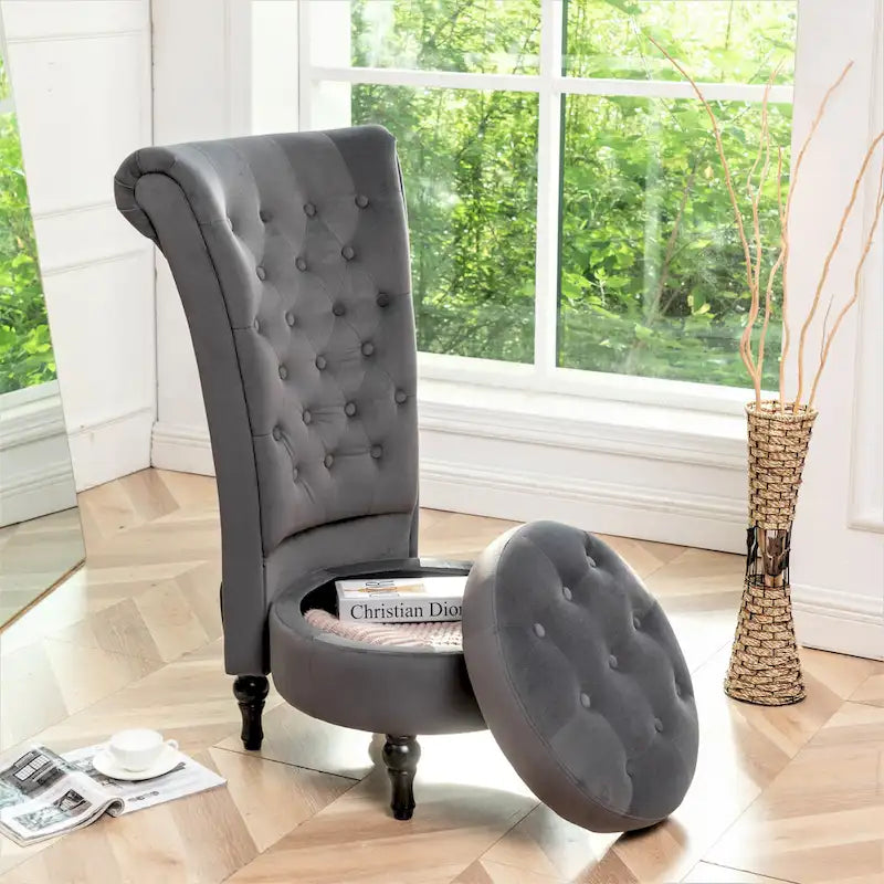 Fauteuil d'appoint capitonné à dossier haut en velours (vert bleuté / gris / bleu foncé / jaune moutarde / vert / ivoire / rose / rouge orangé / noir) – Simple