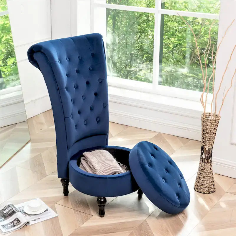 Fauteuil d'appoint capitonné à dossier haut en velours (vert bleuté / gris / bleu foncé / jaune moutarde / vert / ivoire / rose / rouge orangé / noir) – Simple
