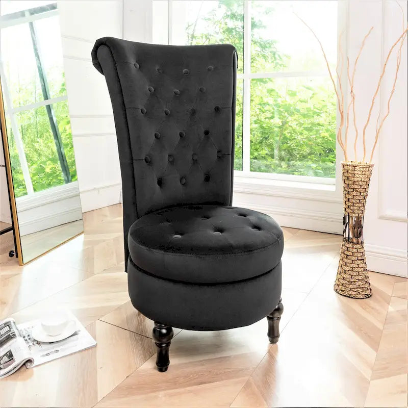 Fauteuil d'appoint capitonné à dossier haut en velours (vert bleuté / gris / bleu foncé / jaune moutarde / vert / ivoire / rose / rouge orangé / noir) – Simple