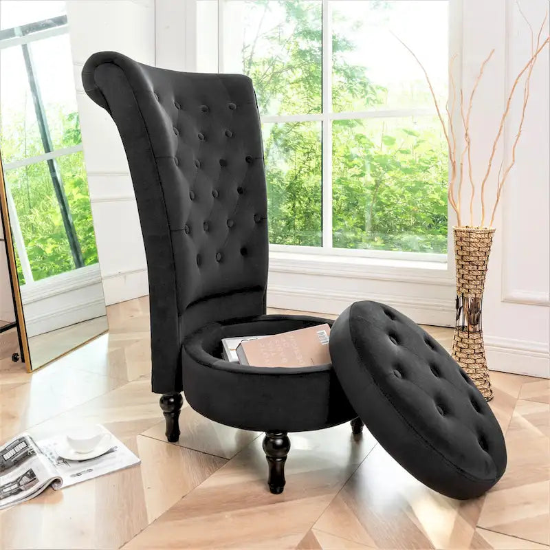 Fauteuil d'appoint capitonné à dossier haut en velours (vert bleuté / gris / bleu foncé / jaune moutarde / vert / ivoire / rose / rouge orangé / noir) – Simple