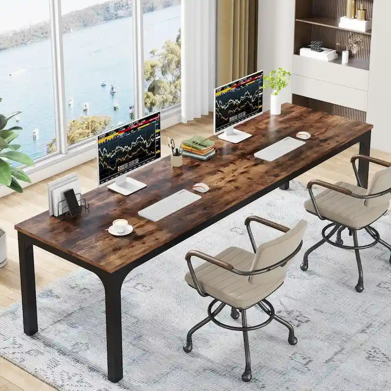 Bureau d'ordinateur extra long de 199,9 cm – Marron / Noir / Blanc / Taupe / Naturel / Marron et blanc, industriel, pour 2 personnes