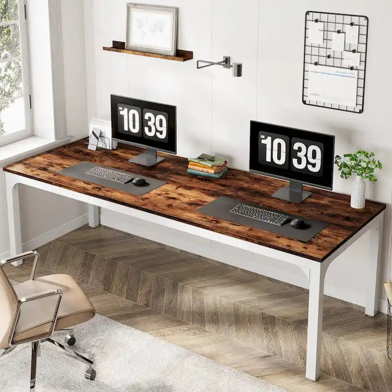 Bureau d'ordinateur extra long de 199,9 cm – Marron / Noir / Blanc / Taupe / Naturel / Marron et blanc, industriel, pour 2 personnes