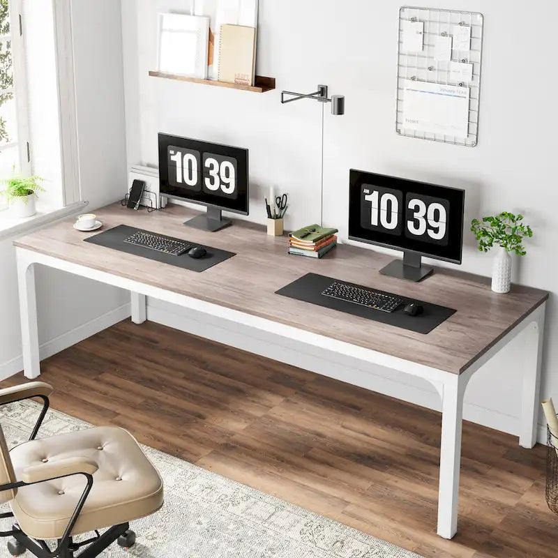 Bureau d'ordinateur extra long de 199,9 cm – Marron / Noir / Blanc / Taupe / Naturel / Marron et blanc, industriel, pour 2 personnes