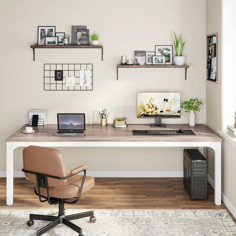 Bureau d'ordinateur extra long de 199,9 cm – Marron / Noir / Blanc / Taupe / Naturel / Marron et blanc, industriel, pour 2 personnes