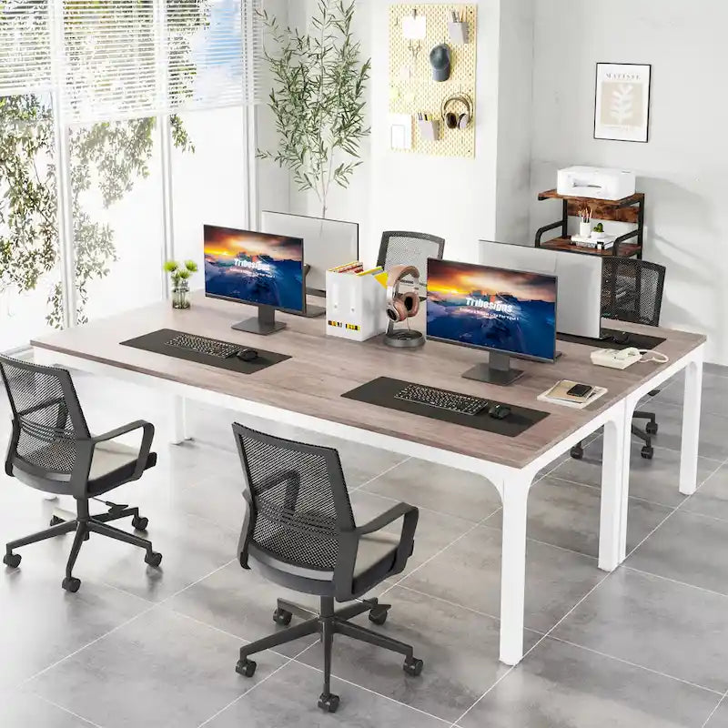 Bureau d'ordinateur extra long de 199,9 cm – Marron / Noir / Blanc / Taupe / Naturel / Marron et blanc, industriel, pour 2 personnes
