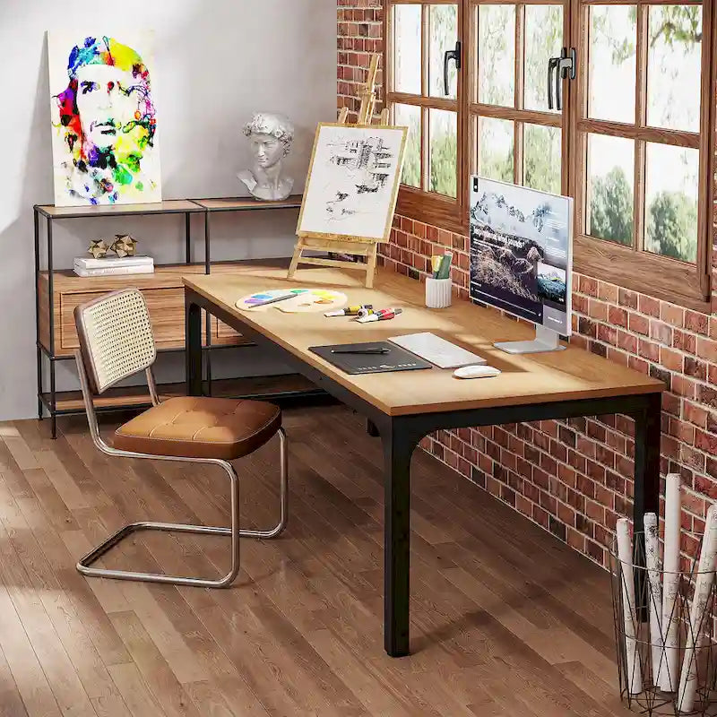 Bureau d'ordinateur extra long de 199,9 cm – Marron / Noir / Blanc / Taupe / Naturel / Marron et blanc, industriel, pour 2 personnes