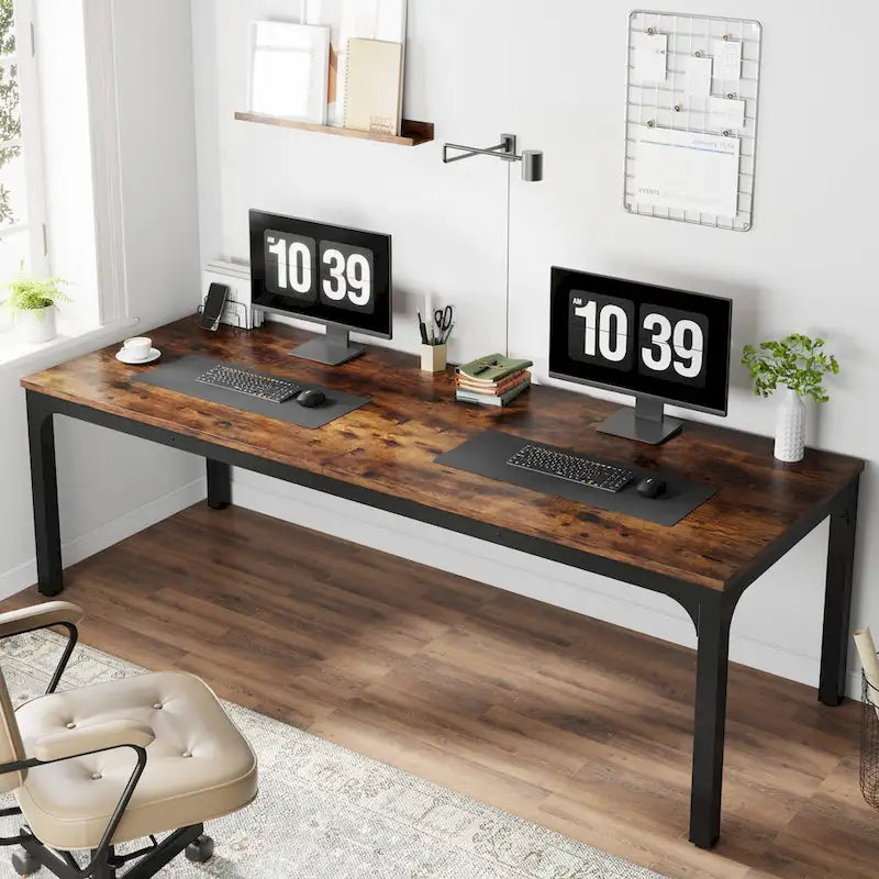 Bureau d'ordinateur extra long de 199,9 cm – Marron / Noir / Blanc / Taupe / Naturel / Marron et blanc, industriel, pour 2 personnes