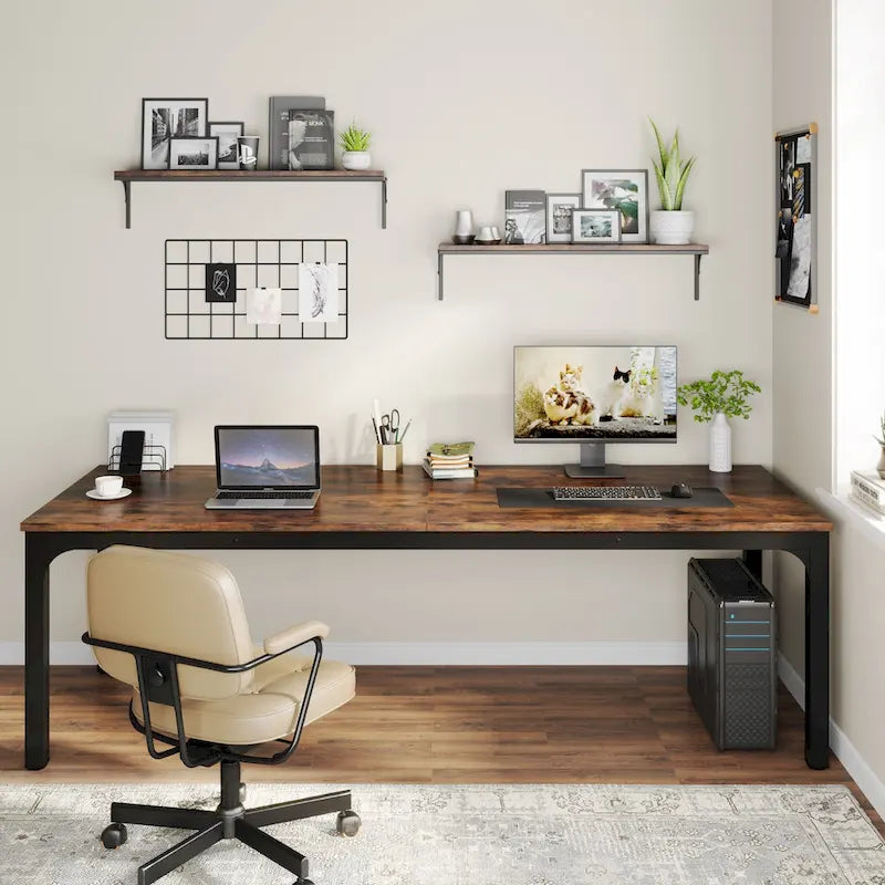 Bureau d'ordinateur extra long de 199,9 cm – Marron / Noir / Blanc / Taupe / Naturel / Marron et blanc, industriel, pour 2 personnes