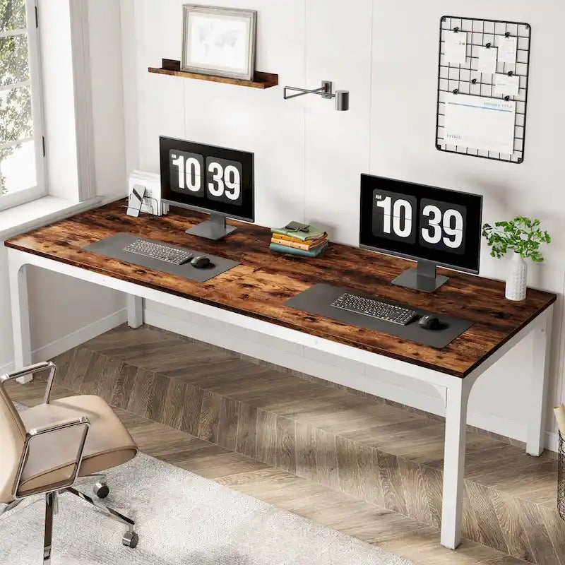 Bureau d'ordinateur extra long de 199,9 cm – Marron / Noir / Blanc / Taupe / Naturel / Marron et blanc, industriel, pour 2 personnes