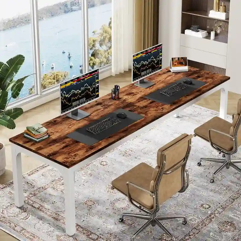 Bureau d'ordinateur extra long de 199,9 cm – Marron / Noir / Blanc / Taupe / Naturel / Marron et blanc, industriel, pour 2 personnes