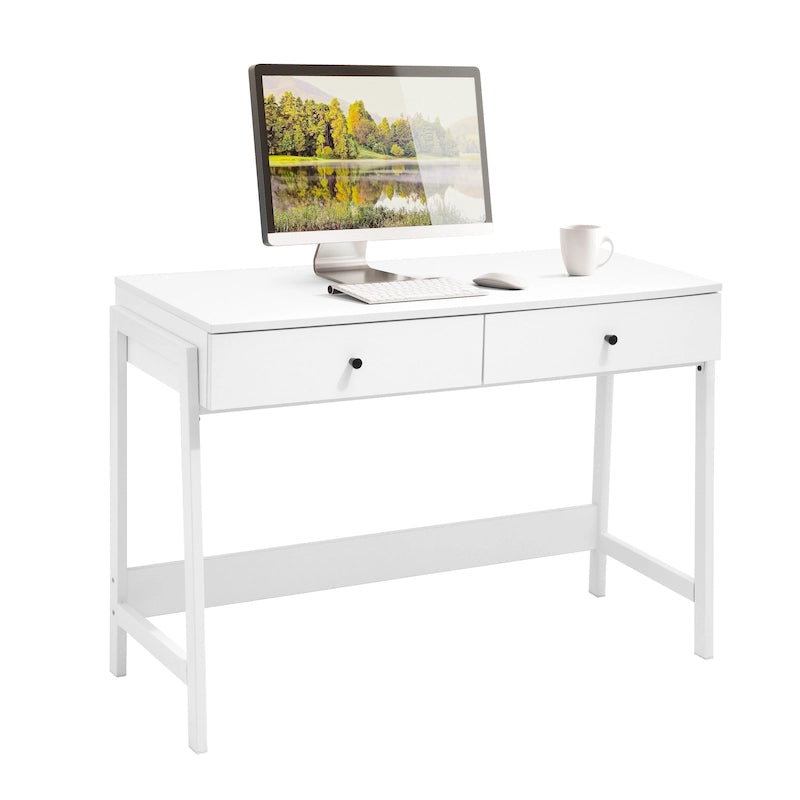 Bureau d'ordinateur de 43 po avec 2 tiroirs – Blanc, moderne, pour 1 personne