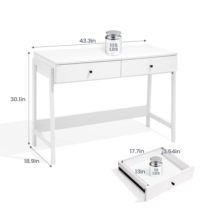 Bureau d'ordinateur de 43 po avec 2 tiroirs – Blanc, moderne, pour 1 personne