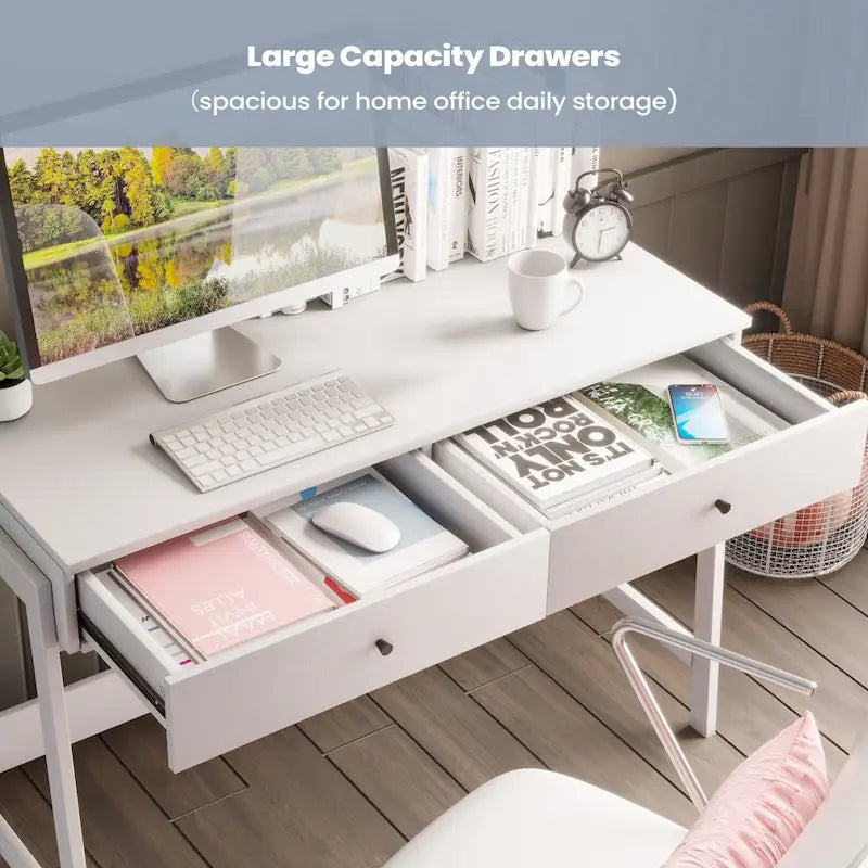 Bureau d'ordinateur de 43 po avec 2 tiroirs – Blanc, moderne, pour 1 personne