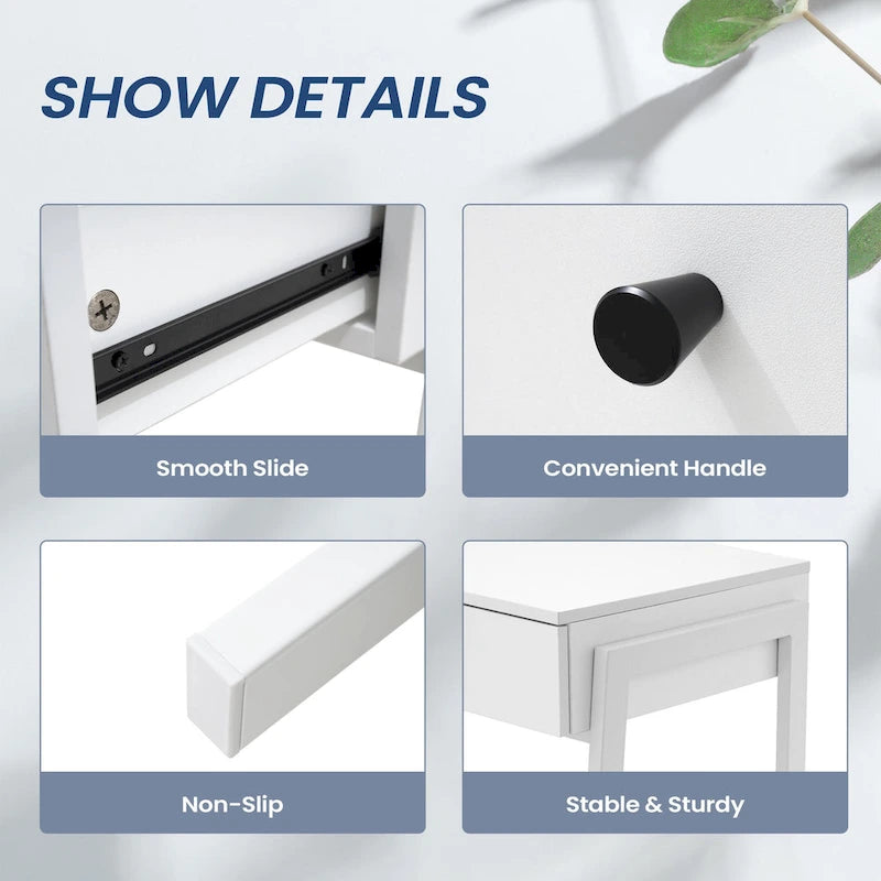 Bureau d'ordinateur de 43 po avec 2 tiroirs – Blanc, moderne, pour 1 personne