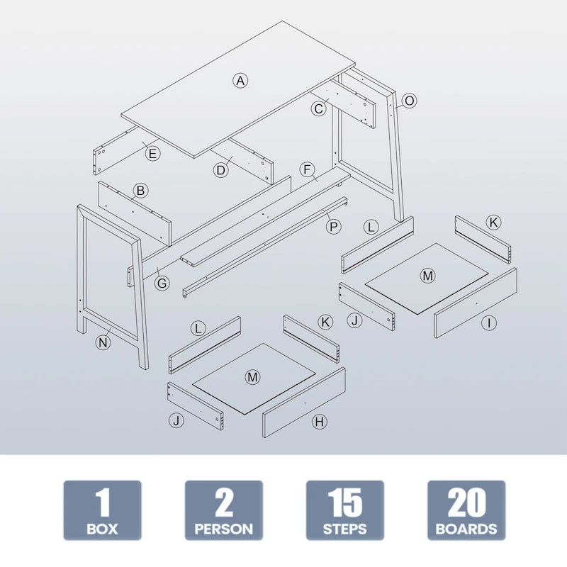 Bureau d'ordinateur de 43 po avec 2 tiroirs – Blanc, moderne, pour 1 personne