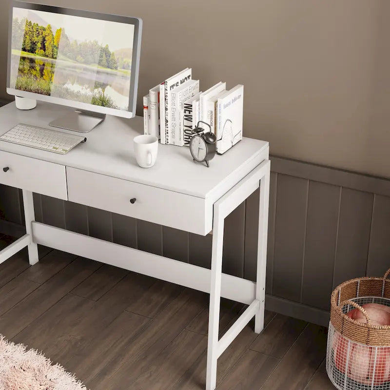 Bureau d'ordinateur blanc moderne avec 2 tiroirs, pour 1 personne