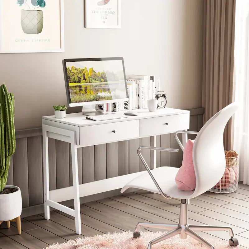 Bureau d'ordinateur blanc moderne avec 2 tiroirs, pour 1 personne