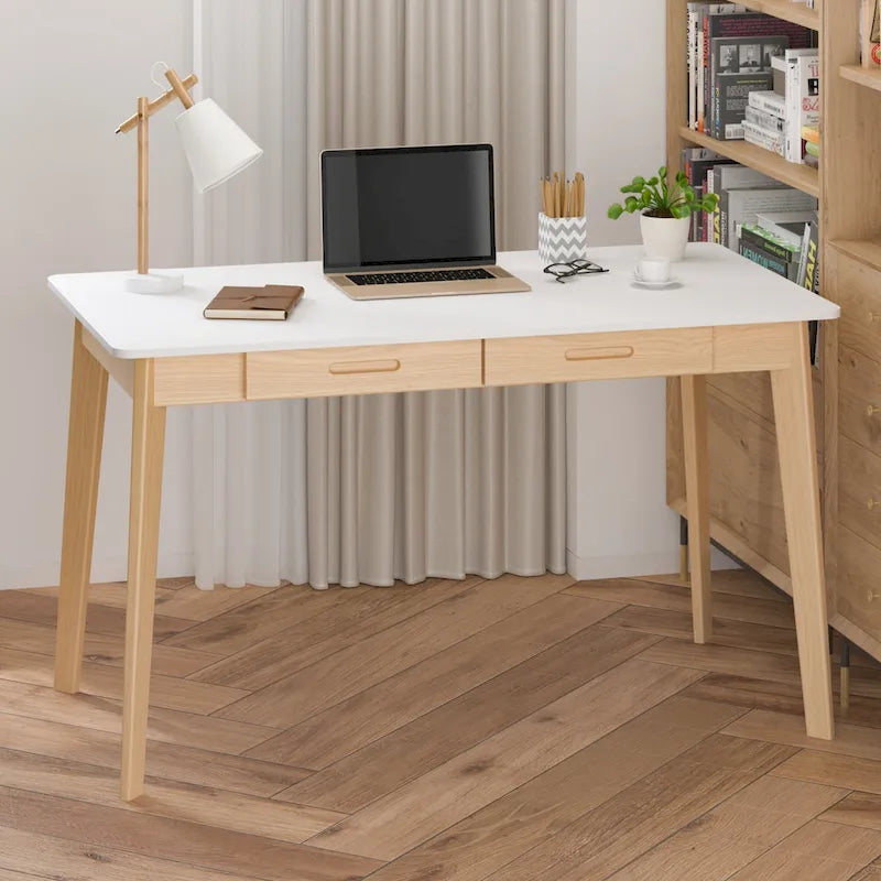 Bureau de 120 cm avec pieds en bois massif – Chêne / Marron / Blanc et chêne / Noyer noir, Pour 1 personne