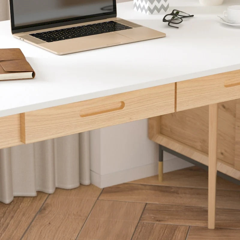Bureau de 120 cm avec pieds en bois massif – Chêne / Marron / Blanc et chêne / Noyer noir, Pour 1 personne