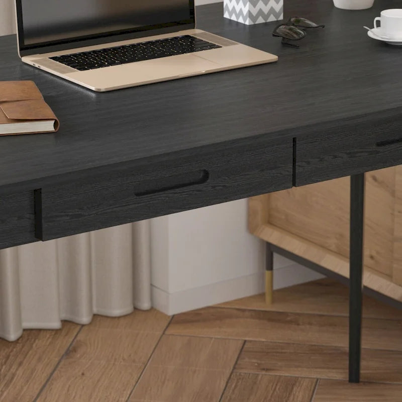 Bureau de 120 cm avec pieds en bois massif – Chêne / Marron / Blanc et chêne / Noyer noir, Pour 1 personne