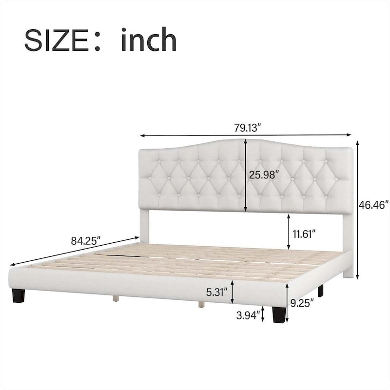 Lit plateforme rembourré en tissu gris avec tête de lit capitonnée en losange – Double / Queen / King – Individuel/Couple