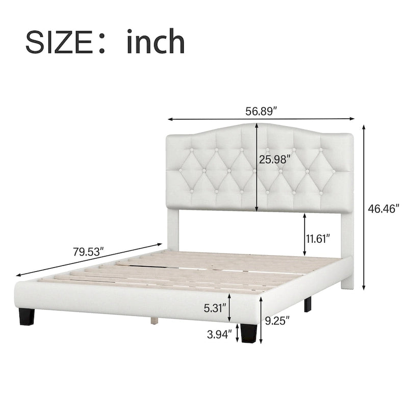 Lit plateforme rembourré en tissu gris avec tête de lit capitonnée en losange – Double / Queen / King – Individuel/Couple