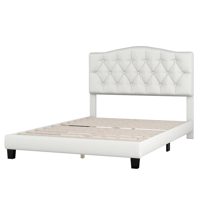Lit plateforme rembourré en tissu gris avec tête de lit capitonnée en losange – Double / Queen / King – Individuel/Couple