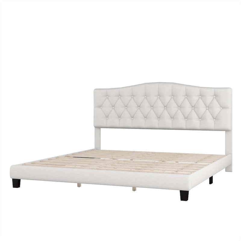 Lit plateforme rembourré en tissu gris avec tête de lit capitonnée en losange – Double / Queen / King – Individuel/Couple